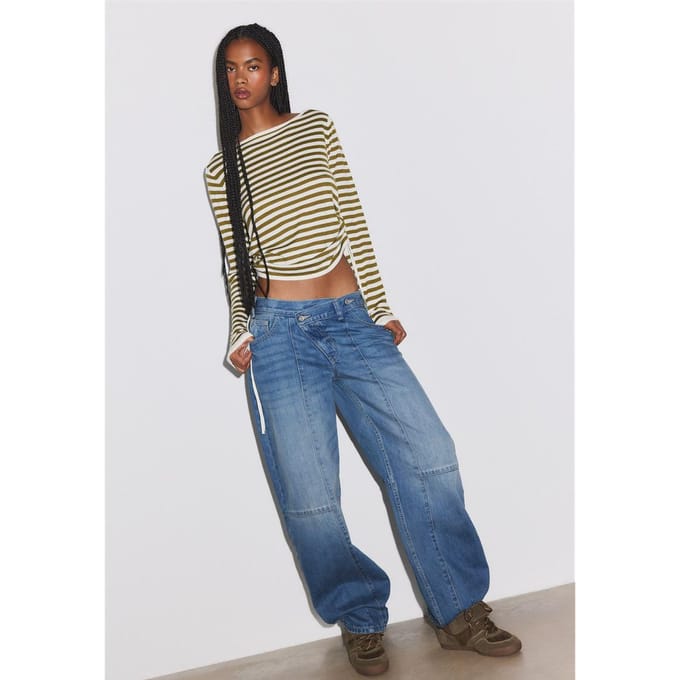 Stradivarius Gestreepte trui met plooidetail  Kaki XL