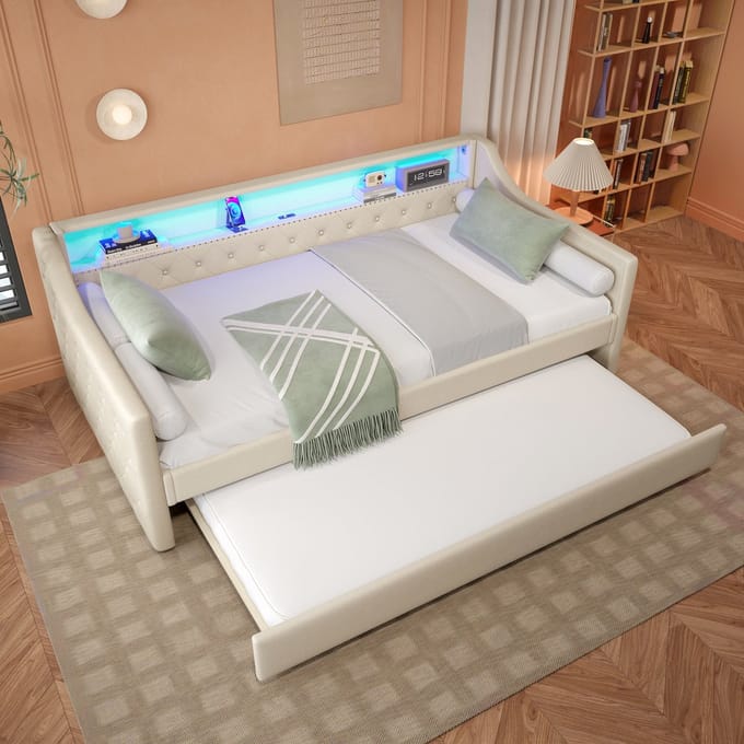 Sweiko Slaapbank - 90 x 200 cm - Met uitschuifbaar bed - LED-verlichting - USB-aansluiting - Beige