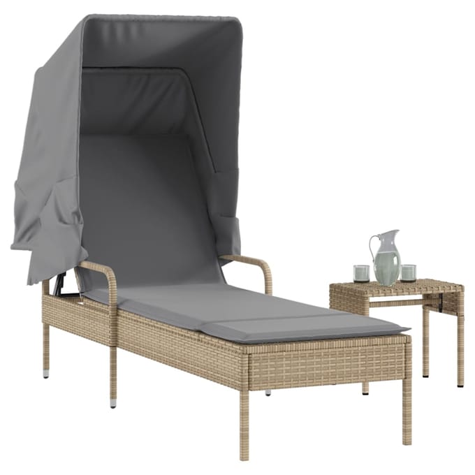 vidaXL - Ligbed - met - luifel - en - tafel - poly - rattan - beige