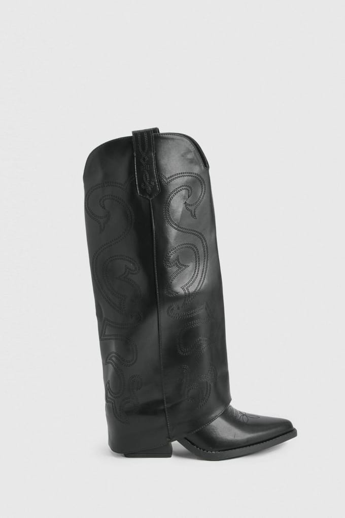 boohoo Dames Neerklapbare westerse cowboylaarzen | Black | Maat: 3