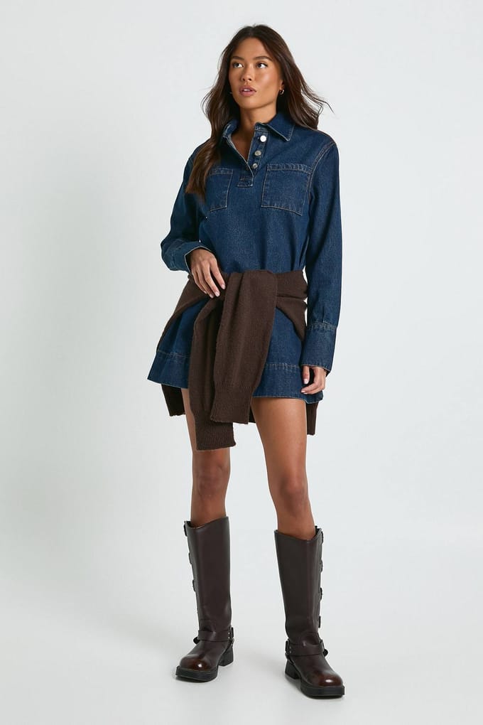 boohoo Dames Denimjurk met lange mouwen | Indigo | Maat: 6