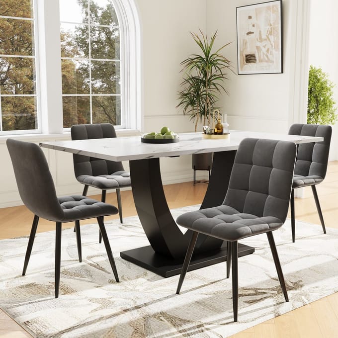 Eettafelset - 5 Delen - U-vormige Tafel + 4 Stoelen - Modern Keuken Set - MDF/Metaal - Wit/Grijs