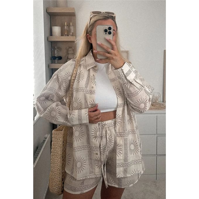 2 stukken: Bedrukte shirt & Hoge taille shorts met trekkoord