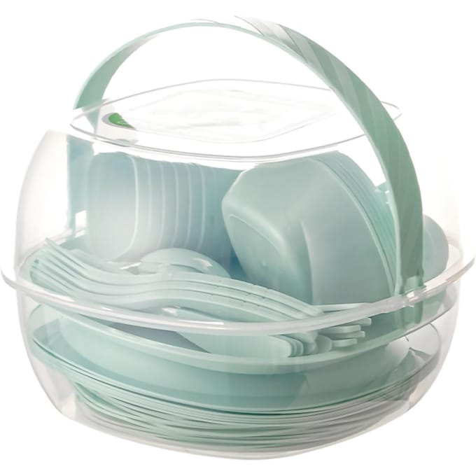 Plastic serviesset voor buiten, draagbaar kampeerbestek, picknickservies met schaarstebox, muntkleur white