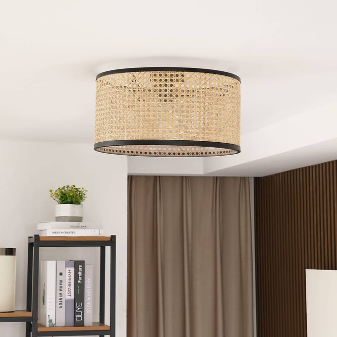 Lindby - plafondlamp - 1licht - rotan - H: 22 cm - E27 - licht hout