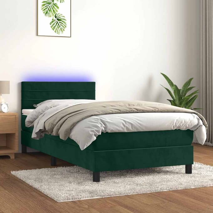 vidaXL - Boxspring - met - matras - en - LED - fluweel - donkergroen - 90x190 - cm