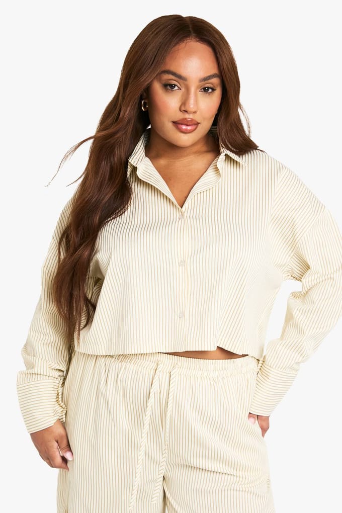boohoo Dames Plus Boxy Cropped Gestreept Shirt | Steen | Maat: 50