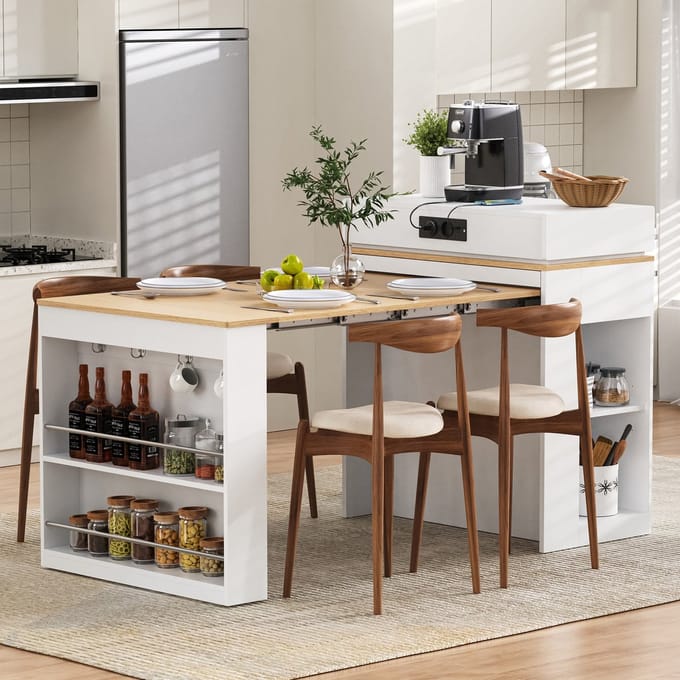 MODFU Keukeneiland - Uitschuifbaar En Opklapbaar - Scandinavisch - Voor Keuken En Eetkamer - MDF En Glas - Wit