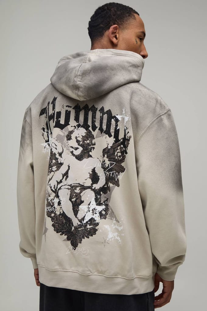 Steenkleurige Oversized Hoodie Met Renaissance-print En Spray Wash | Stone | Size Medium