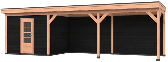 Douglas overkapping, 900 x 300, Met achterwand en schuur, Westwood Comfort Basic zwart
