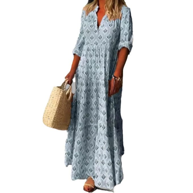 Lente Nieuwe Dameskleding Retro V-hals Temperament Elegant Losse Jurk Lang M gray