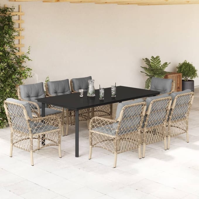 vidaXL - 9-delige - Tuinset - met - kussens - poly - rattan - gemengd - beige
