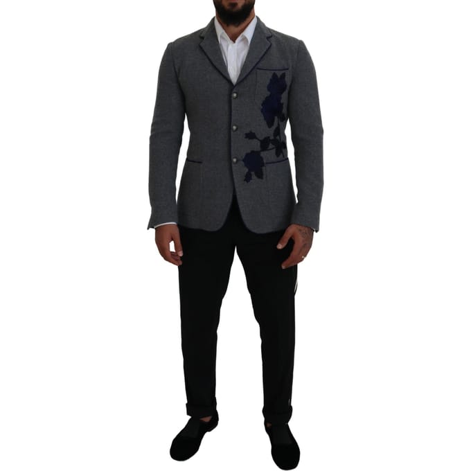 Grijze Blazer met Bloem Borduursel