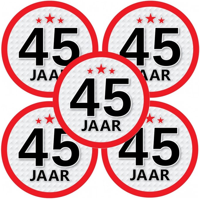 45 jaar leeftijd sticker - 10x - rond - Dia 15 cm - 45 jaar verjaardag/jubileum/leeftijd versiering