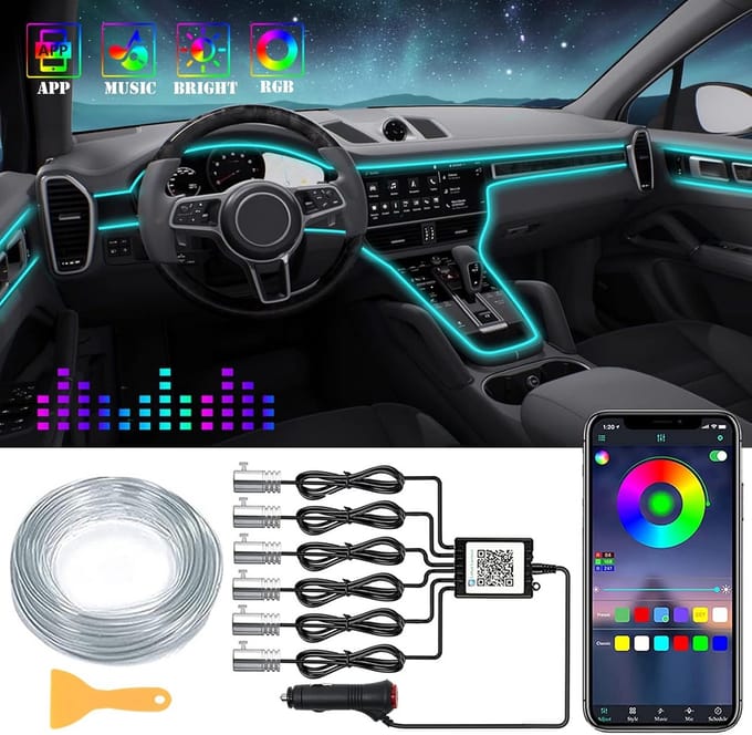 6-in-1 Auto Interieur Sfeerverlichting Glasvezel LED Strip Kit met Bluetooth App Bediening