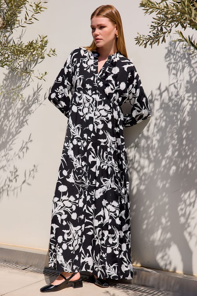 Geprinte V-Hals Maxi Jurk