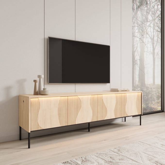 Meubella - Fontello - TV-meubel met LED - Eikenpatroon - 193x40x57 cm