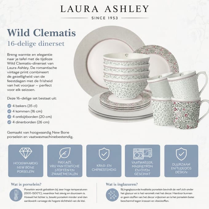 Laura Ashley Wildclematis Serviesset - Servies - Dinnerset Giftset 16 Delig