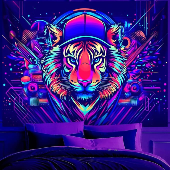 Blacklight Tapijt - UV Reactief - Muur Decoratie - Dier Thema - 2286 x 1778 cm - Tijger
