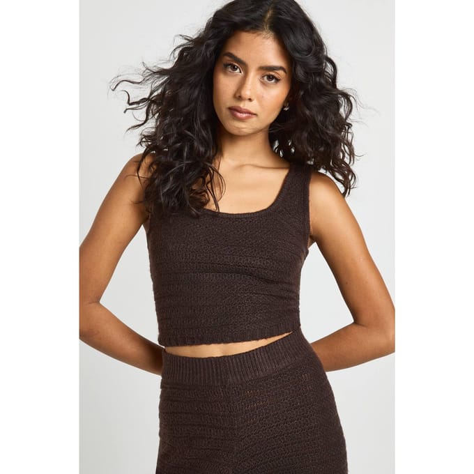 boohoo Dames Getextureerde gebreide top met ronde hals | Chocoladebruin | Maat: Medium