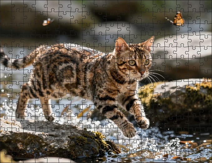 Puzzel Bengaalse kat in het water | 252 stukjes | Dierenpuzzel | Kattenpuzzel