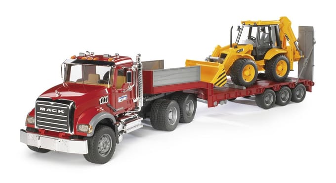 MACK Granite Dieplader Met JCB 4CX Graaflaadmachine Bruder Op Schaal 1:16