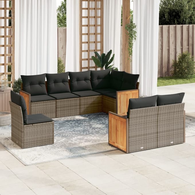 vidaXL - 8-delige - Loungeset - met - kussens - poly - rattan - grijs
