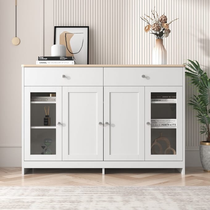 KOMHTOM Dressoir met witte houtnerf vier deuren met twee laden deur met glas Woonkamer eetkamer