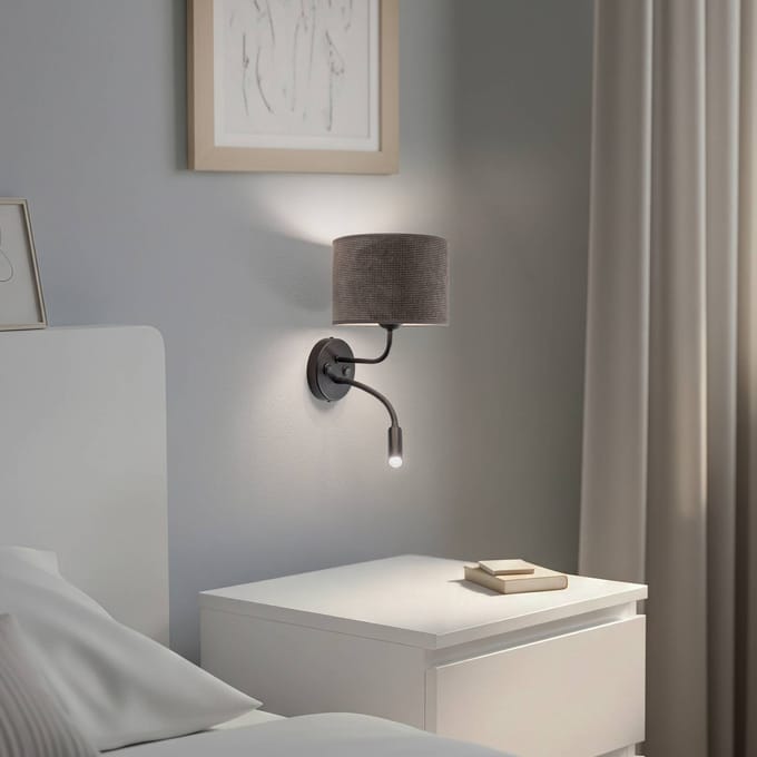 Duolla Wandlamp Roller, snoer donkergrijs, zwart, met leeslampje
