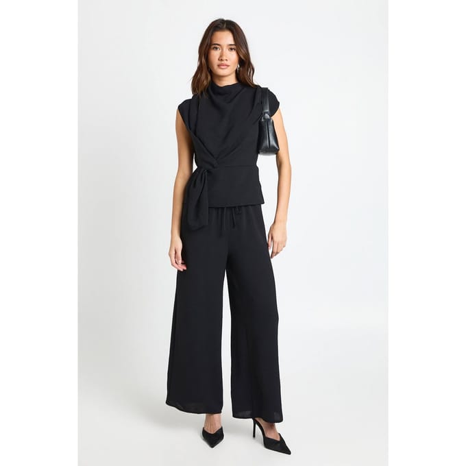 boohoo Dames Petite geweven draperende blouse & broek co-ord | Black | Maat: 6