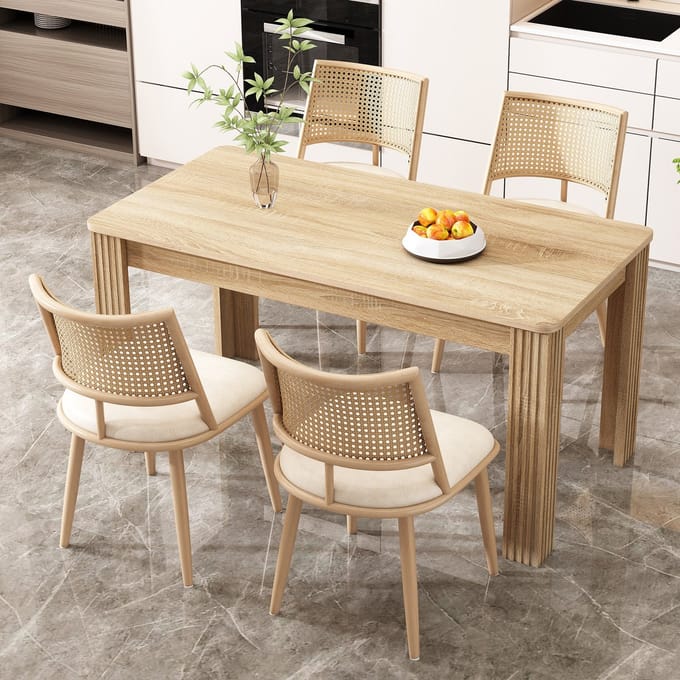 Eetkamerstoel - Set van 4 - Rattan Rugleuning - Modern Design - PU Leer - Beige