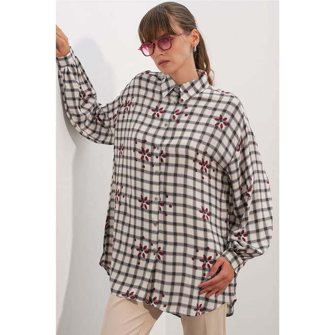 Oversized Geruite Crêpe Blouse