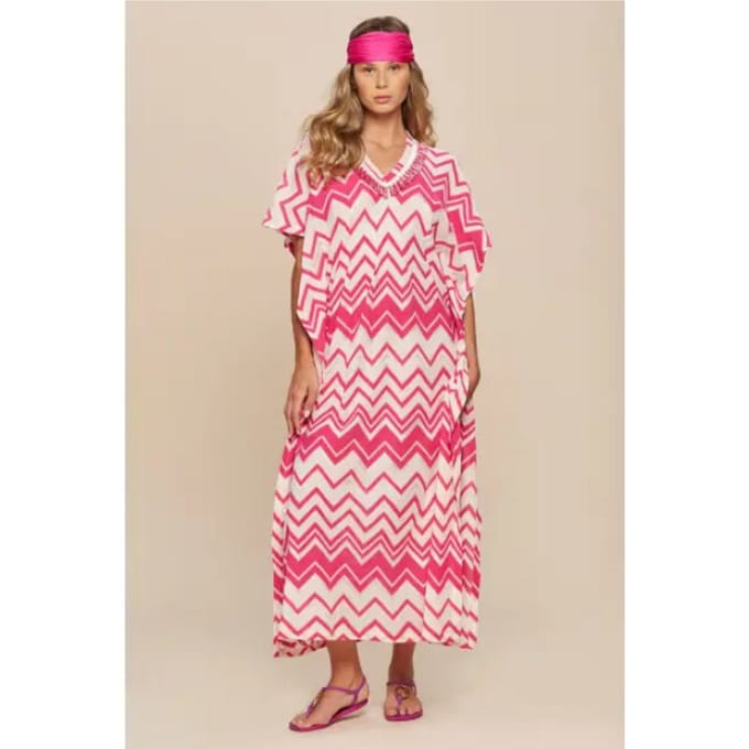 Pepita Zig zag kaftan jurk met franje