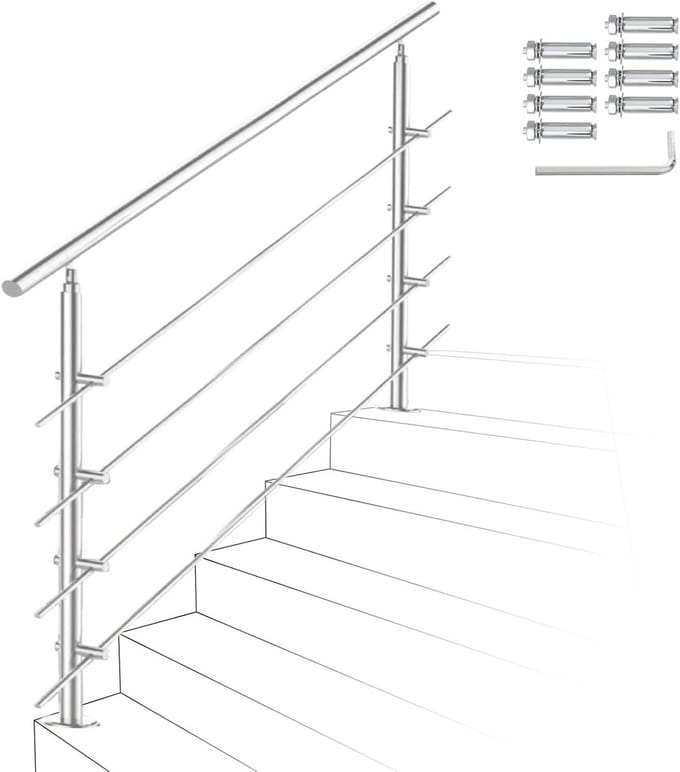 RVS Trapleuning 180 cm met 4 Dwarsbalken - Binnen en Buiten Montage