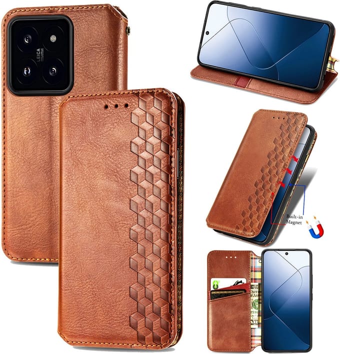 Luxe PU Lederen Ruitpatroon Wallet Case + PMMA Screenprotector voor Xiaomi 14 _ Bruin