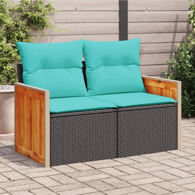 vidaXL - Tuinbank - met - kussens - 2-zits - poly - rattan - zwart