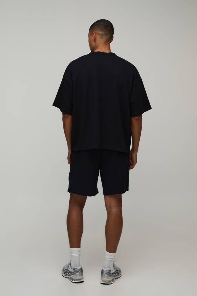 Oversized Boxy Waffle Henley T-Shirt & Baggy Shorts Set | Black | Size Medium