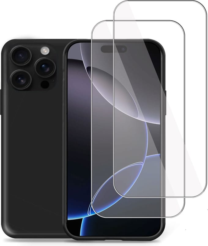 Hoesje + 2x Screenprotector geschikt voor Apple iPhone 16 Pro Max – Tempered Glass - Liquid Back Case Cover Zwart