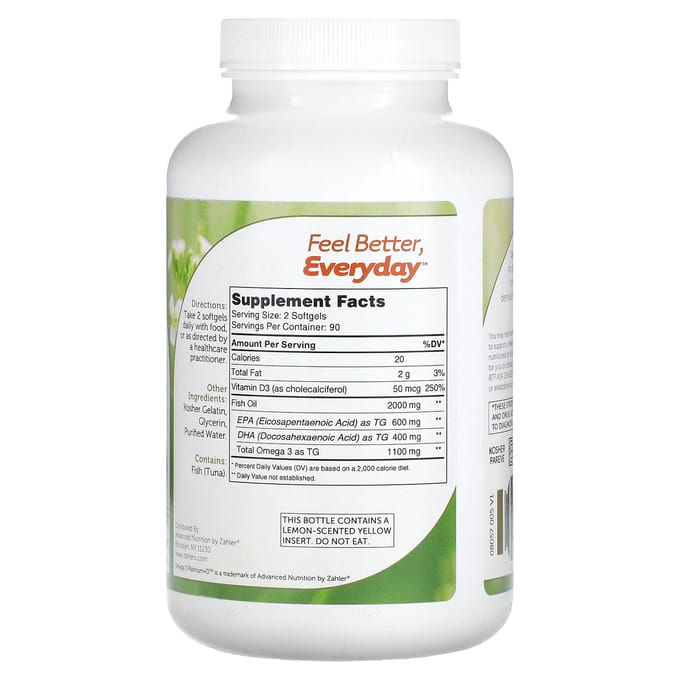 Zahler, Omega3 Platinum+D, premium omega3 visolie + vitamine D3, 2.000 mg, 180 zachte capsules (1.000 mg per softgel)