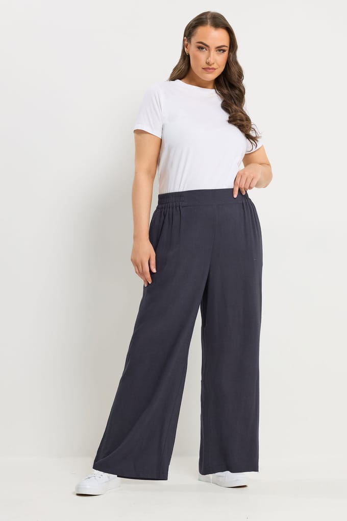 Yours Marineblauwe Linnen Pullon Broek Met Wijde Pijpen Size Regular > 42