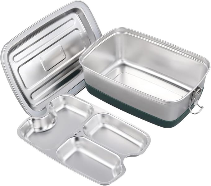 RVS Lunchbox - Maaltijdcontainer - Lunch Meenemen - Drie Vakken - 2000 ml - Zilver Groen