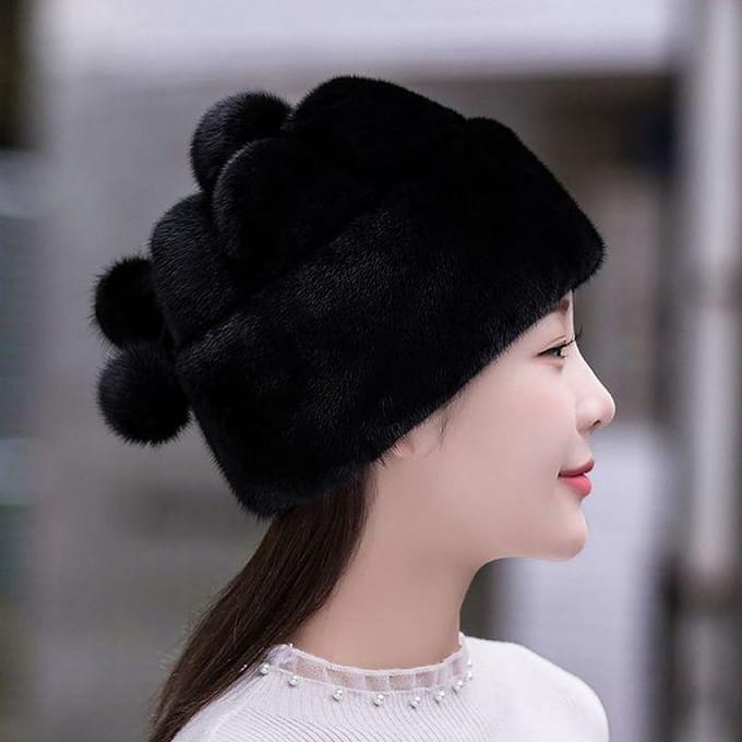 Chapeau d'hiver chaud en fourrure de vison pour femme one size black