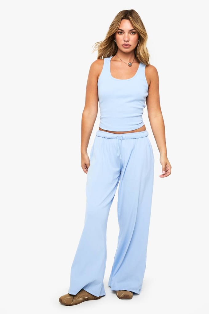 Dames BOOHOO BASICS RIB BROEK MET RECHTE BEEN | Baby Blue | Maat: 14