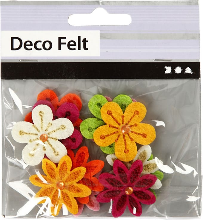 Bloemen van vilt met strassteen, d 30 mm, dikte 2,5 mm, 12 stuk/ 1 doos