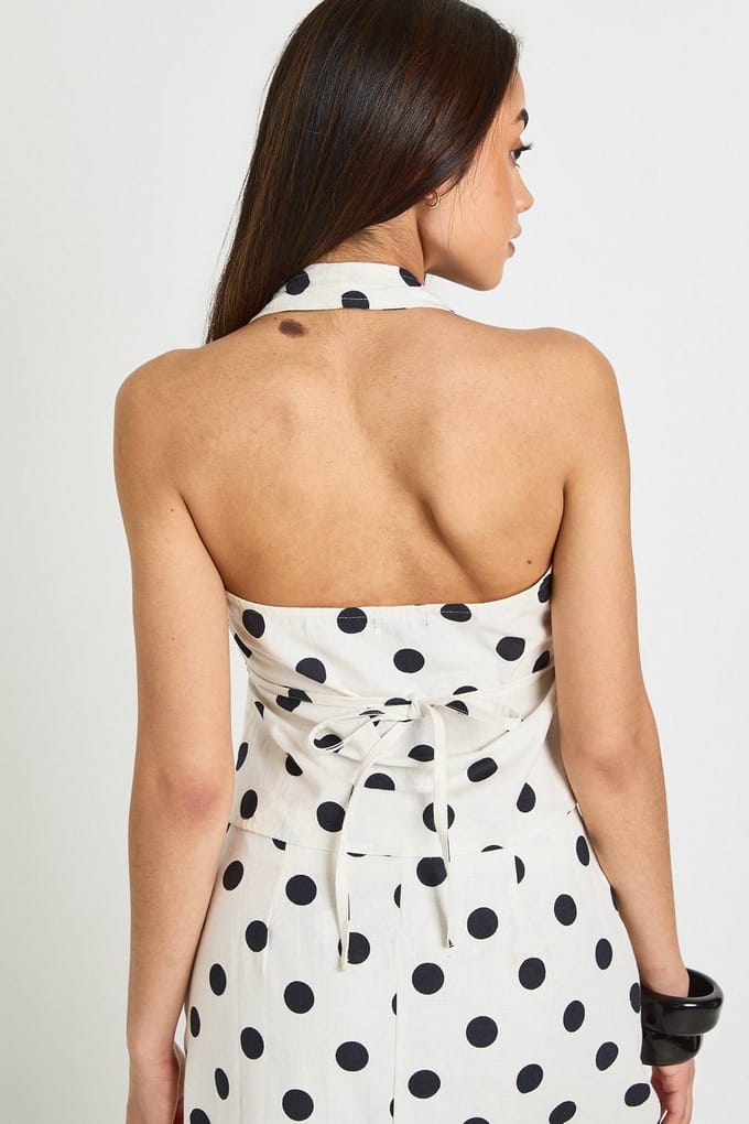 boohoo Dames Haltertop Met Wikkelmodel En Stippenprint In Linnenlook | Wit | Maat: 34