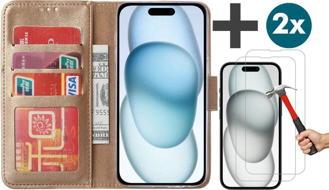 Hoesje met 2 Stuks Screenprotectors Geschikt voor iPhone 15 Plus – Arara bookcase met pasjeshouder - Goud