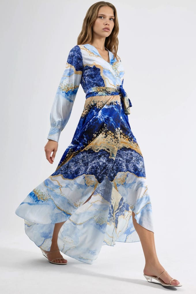 Abstracte Print Lange Mouw Maxi Jurk met Strikdetail