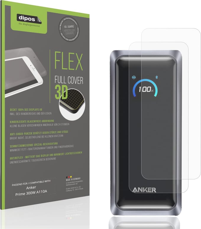 dipos FLEX – 2x Matte Screenprotector geschikt voor Anker Prime 300W A110A | Volledige Schermbescherming | Case-Friendly