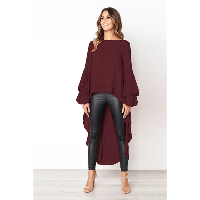 Pull à manches longues en mousseline de soie pour femme, haut irrégulier en mousseline de soie, automne et hiver XL rouge vin