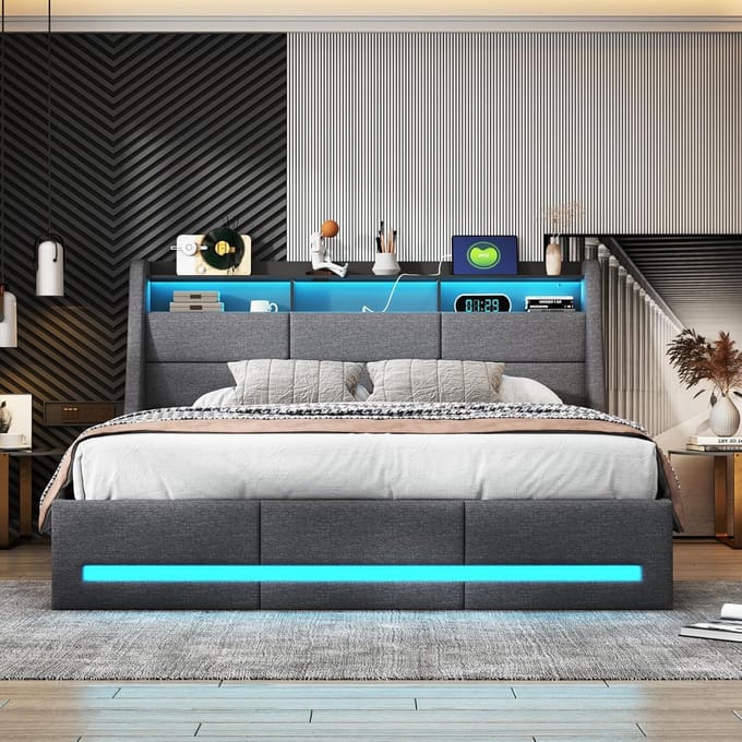 Gestoffeerd Tweepersoonsbed 160x200 cm met Uitschuifbare Opbergruimte, Hoofdeinde en LED-Verlichting